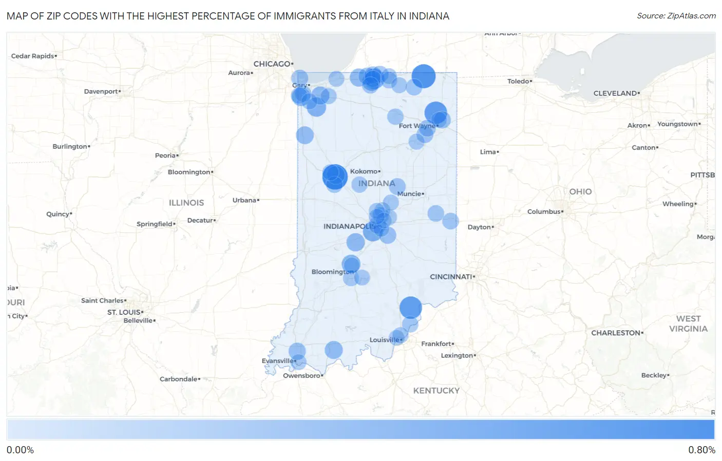 Zip Codes with the Highest Percentage of Immigrants from Italy in Indiana Map