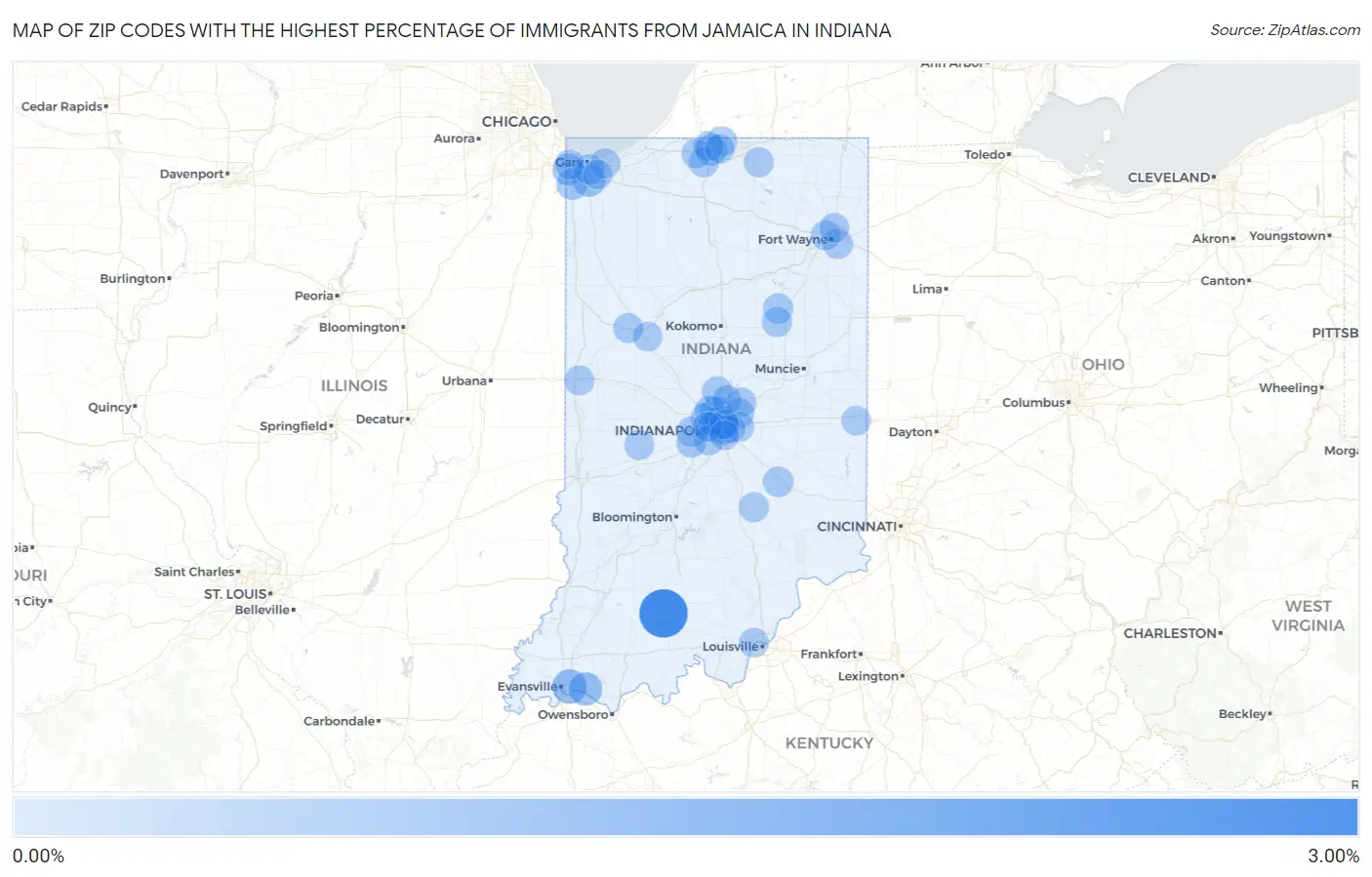 Zip Codes with the Highest Percentage of Immigrants from Jamaica in Indiana Map