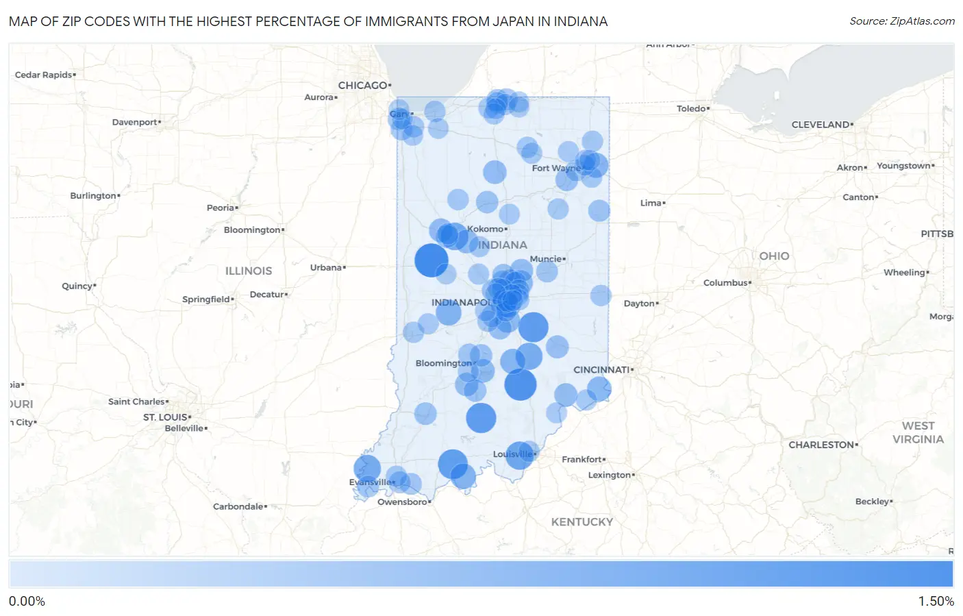 Zip Codes with the Highest Percentage of Immigrants from Japan in Indiana Map