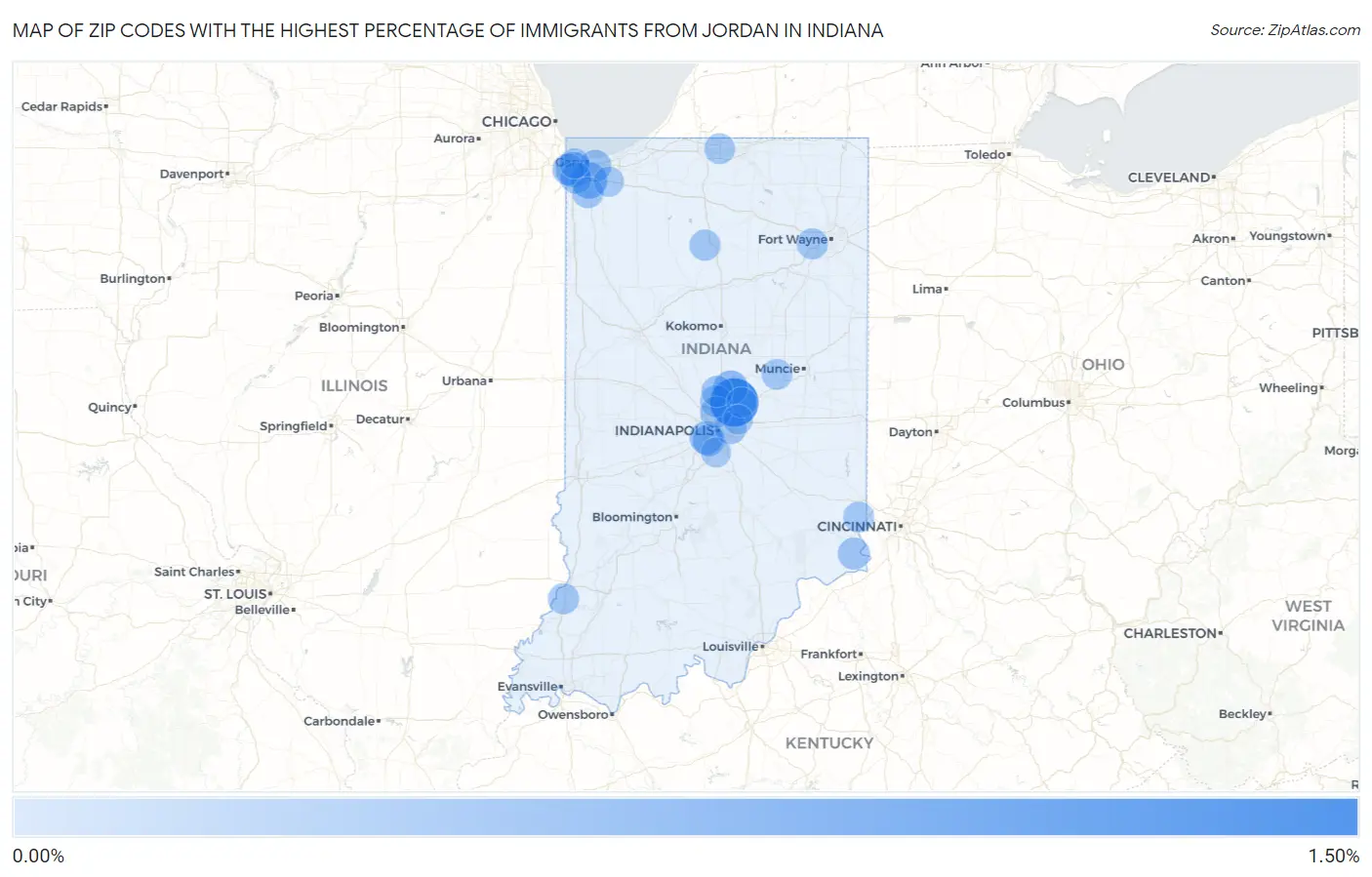 Zip Codes with the Highest Percentage of Immigrants from Jordan in Indiana Map