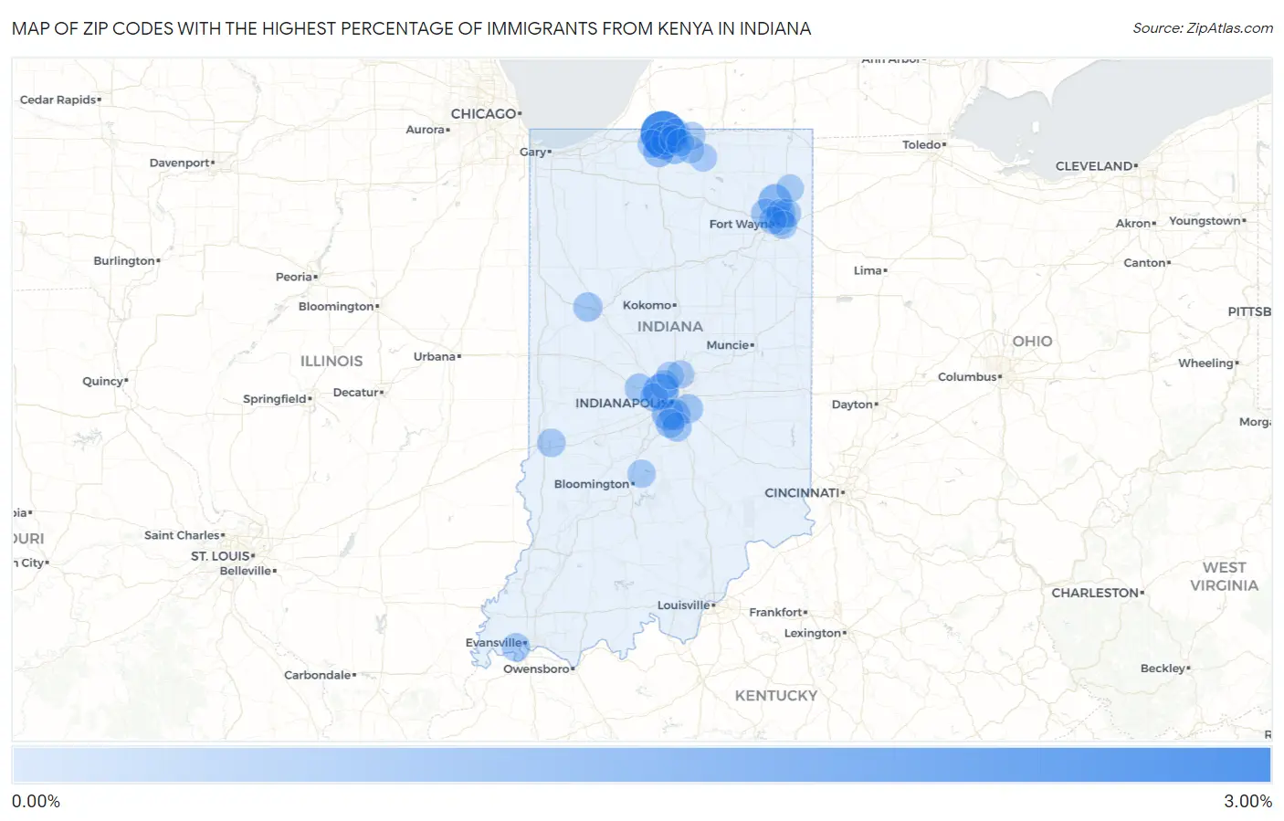 Zip Codes with the Highest Percentage of Immigrants from Kenya in Indiana Map