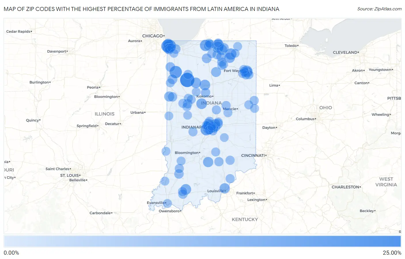 Zip Codes with the Highest Percentage of Immigrants from Latin America in Indiana Map