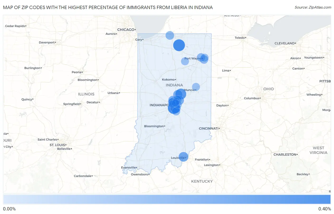 Zip Codes with the Highest Percentage of Immigrants from Liberia in Indiana Map