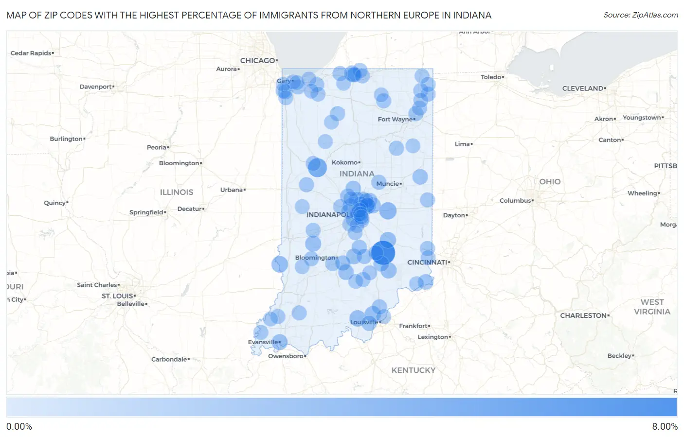 Zip Codes with the Highest Percentage of Immigrants from Northern Europe in Indiana Map