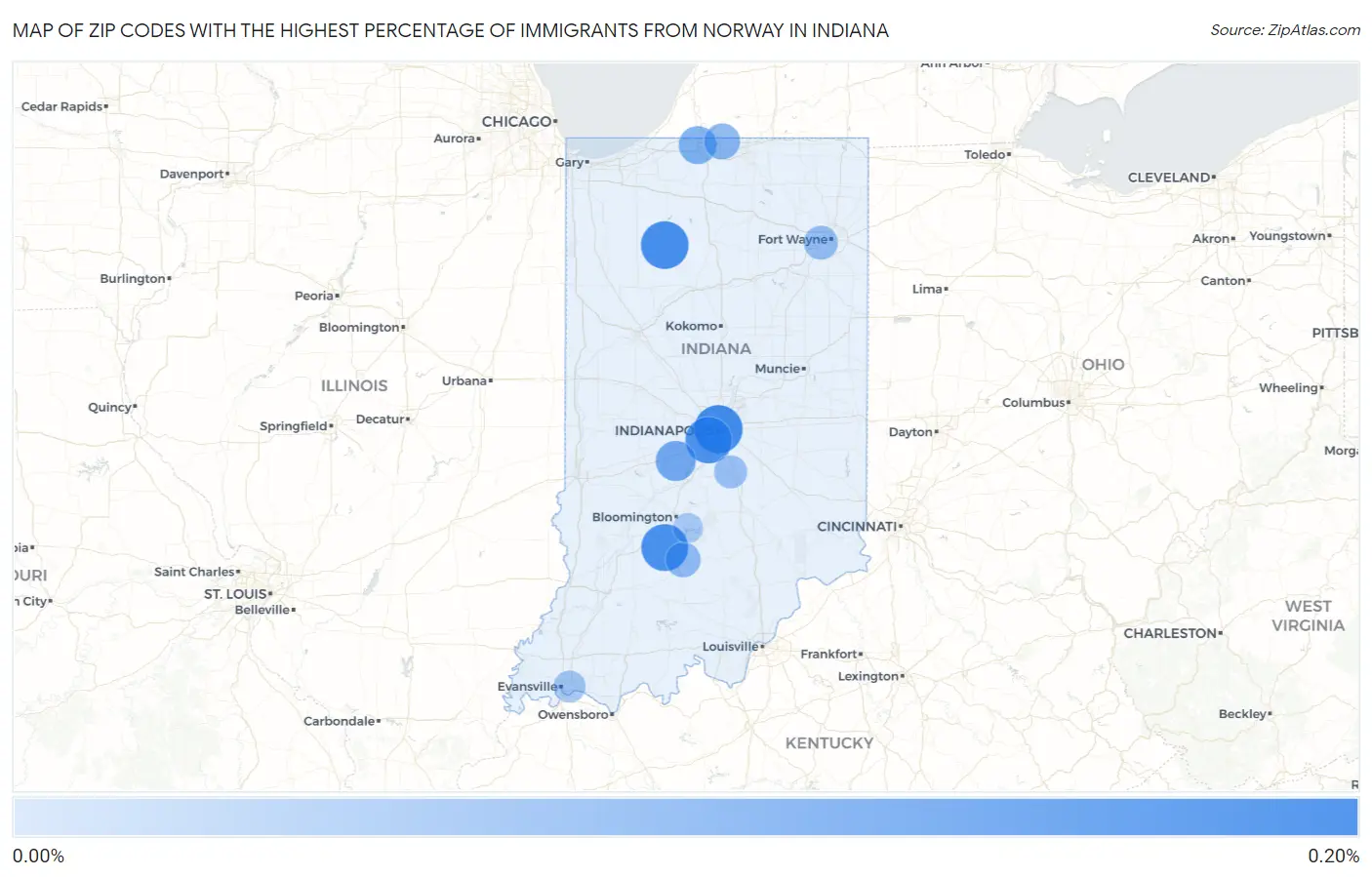Zip Codes with the Highest Percentage of Immigrants from Norway in Indiana Map