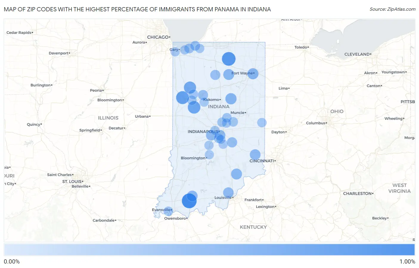 Zip Codes with the Highest Percentage of Immigrants from Panama in Indiana Map