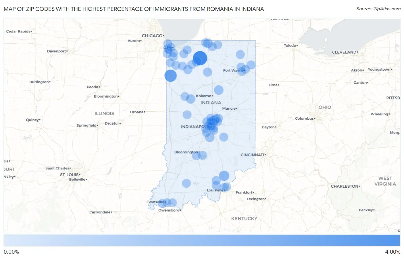 Zip Codes with the Highest Percentage of Immigrants from Romania in Indiana Map