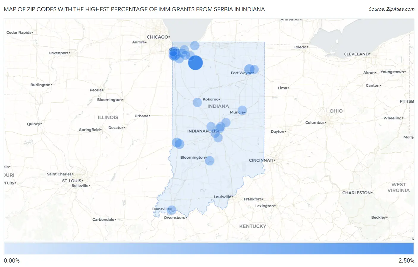 Zip Codes with the Highest Percentage of Immigrants from Serbia in Indiana Map