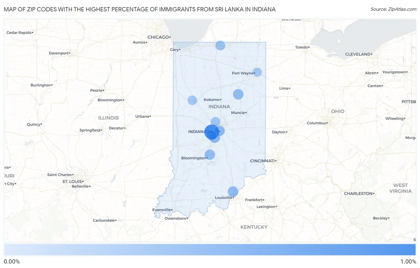 Zip Codes with the Highest Percentage of Immigrants from Sri Lanka in Indiana Map