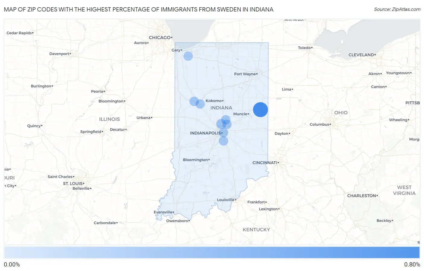 Zip Codes with the Highest Percentage of Immigrants from Sweden in Indiana Map
