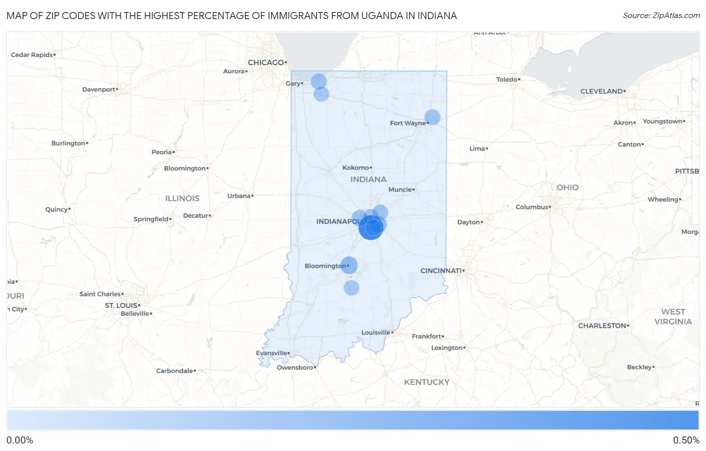 Zip Codes with the Highest Percentage of Immigrants from Uganda in Indiana Map