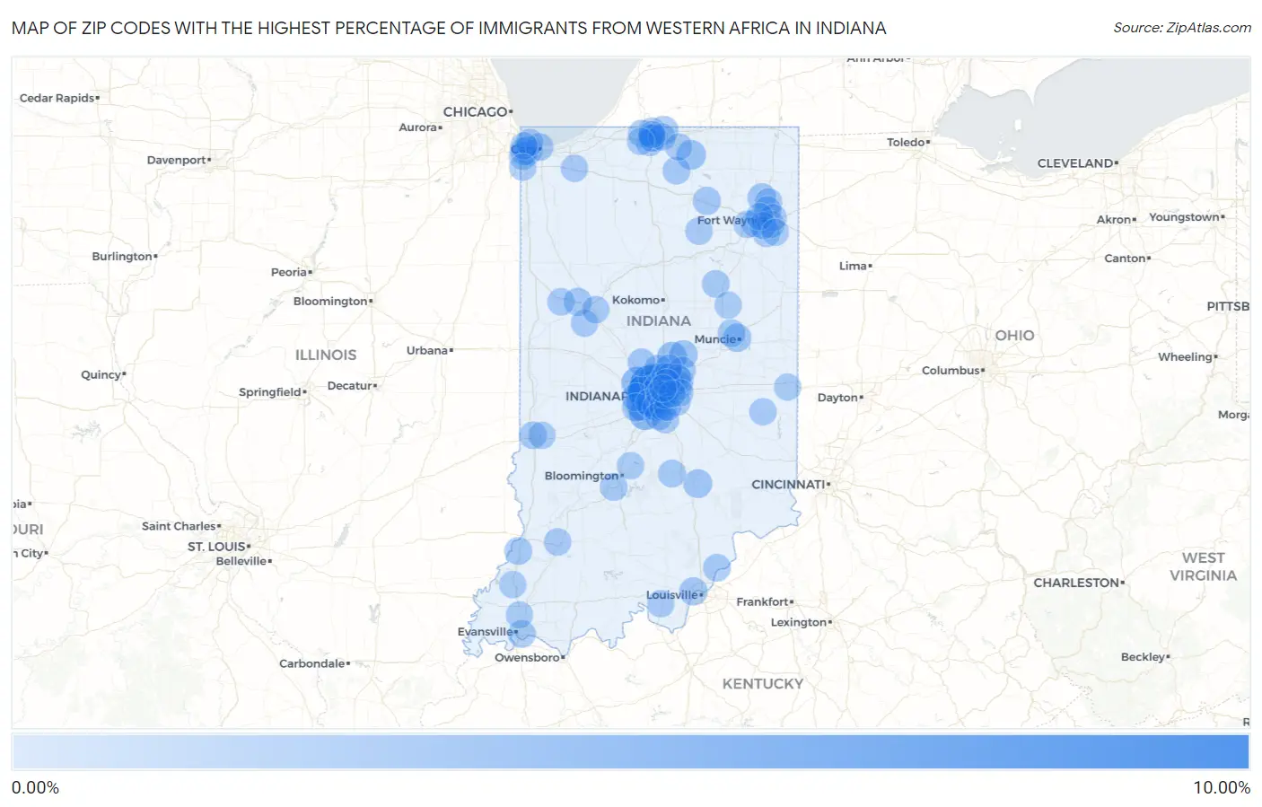Zip Codes with the Highest Percentage of Immigrants from Western Africa in Indiana Map