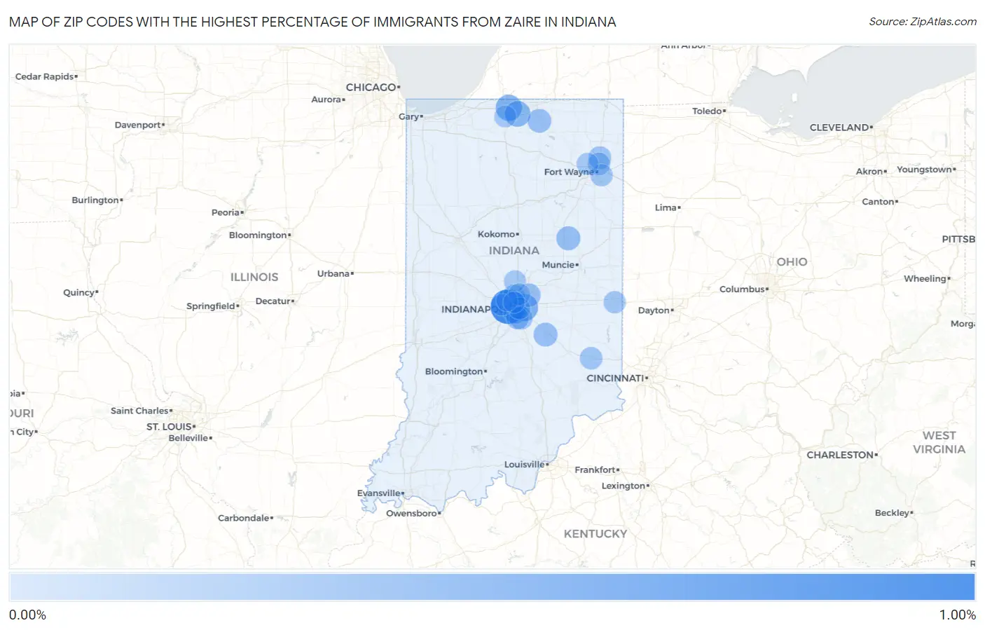 Zip Codes with the Highest Percentage of Immigrants from Zaire in Indiana Map