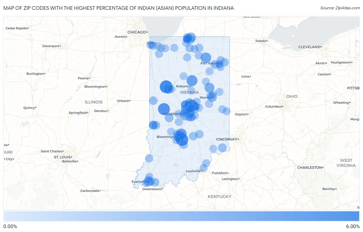 Zip Codes with the Highest Percentage of Indian (Asian) Population in Indiana Map