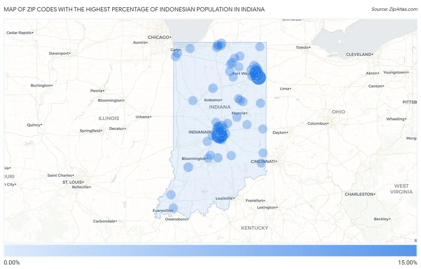 Zip Codes with the Highest Percentage of Indonesian Population in Indiana Map