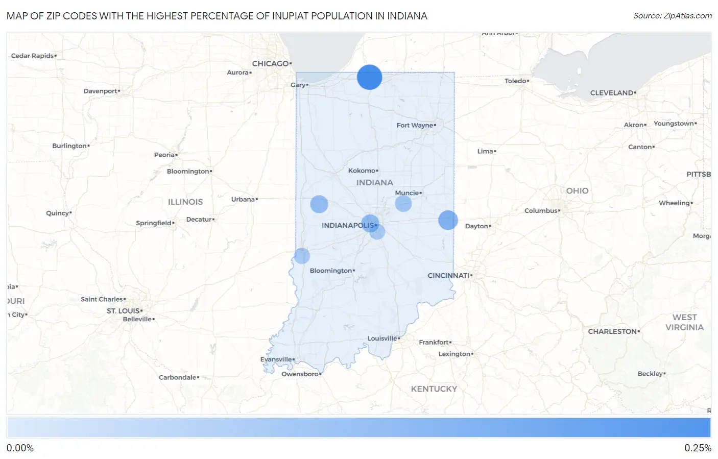 Zip Codes with the Highest Percentage of Inupiat Population in Indiana Map