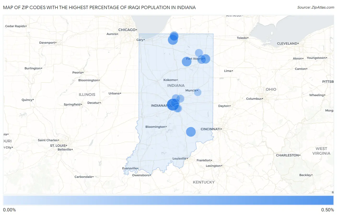 Zip Codes with the Highest Percentage of Iraqi Population in Indiana Map