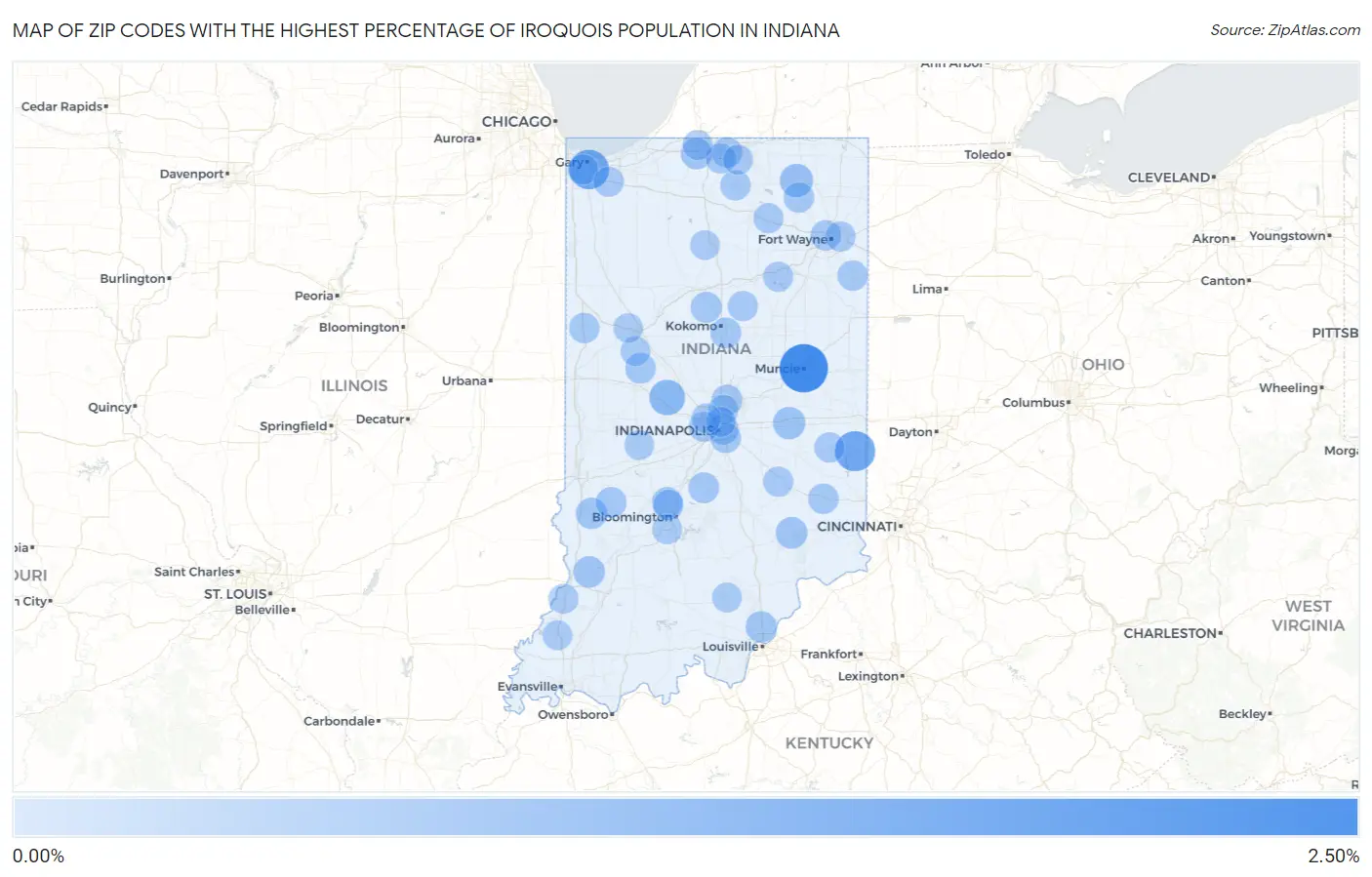Zip Codes with the Highest Percentage of Iroquois Population in Indiana Map