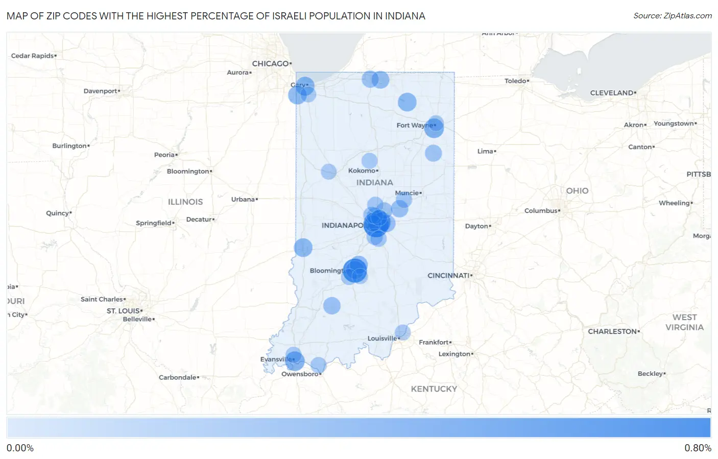Zip Codes with the Highest Percentage of Israeli Population in Indiana Map