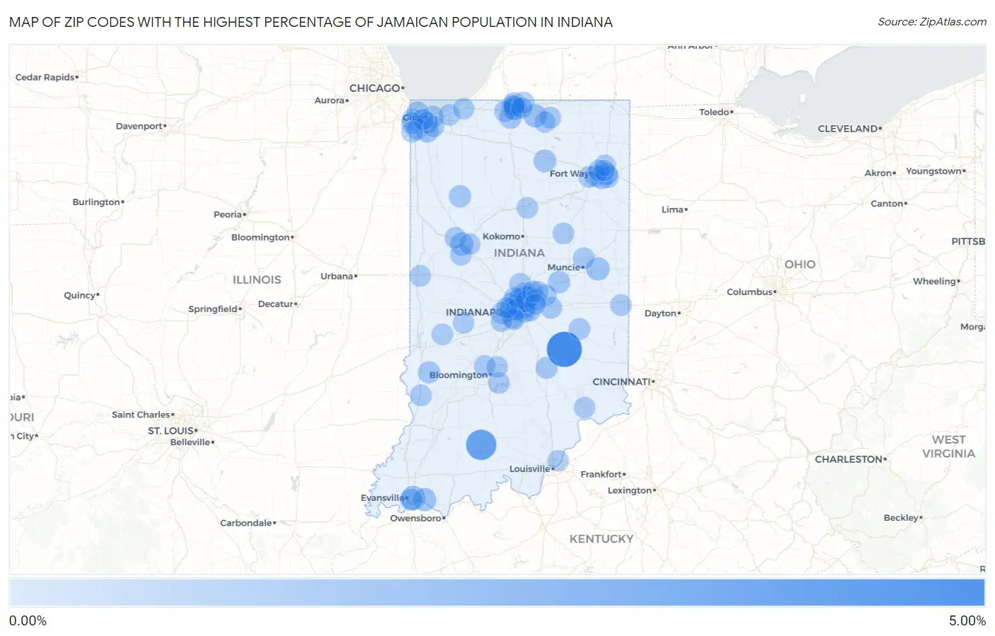 Zip Codes with the Highest Percentage of Jamaican Population in Indiana Map