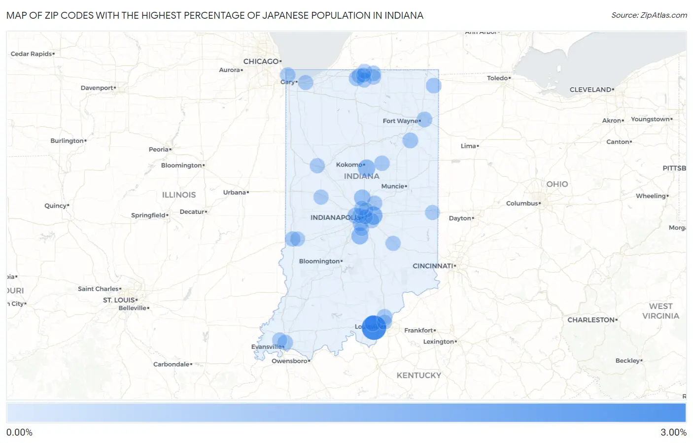 Zip Codes with the Highest Percentage of Japanese Population in Indiana Map