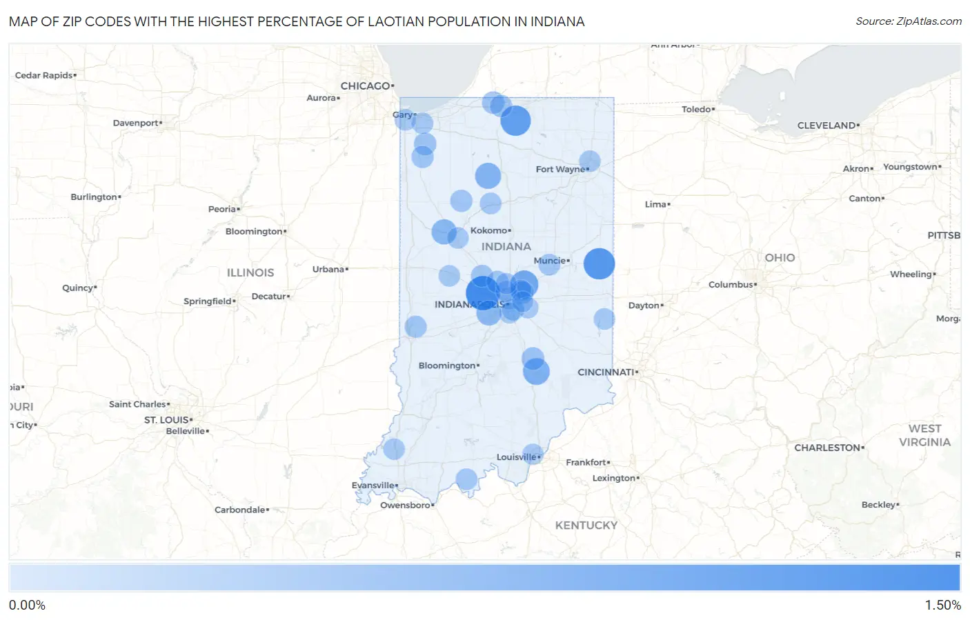 Zip Codes with the Highest Percentage of Laotian Population in Indiana Map