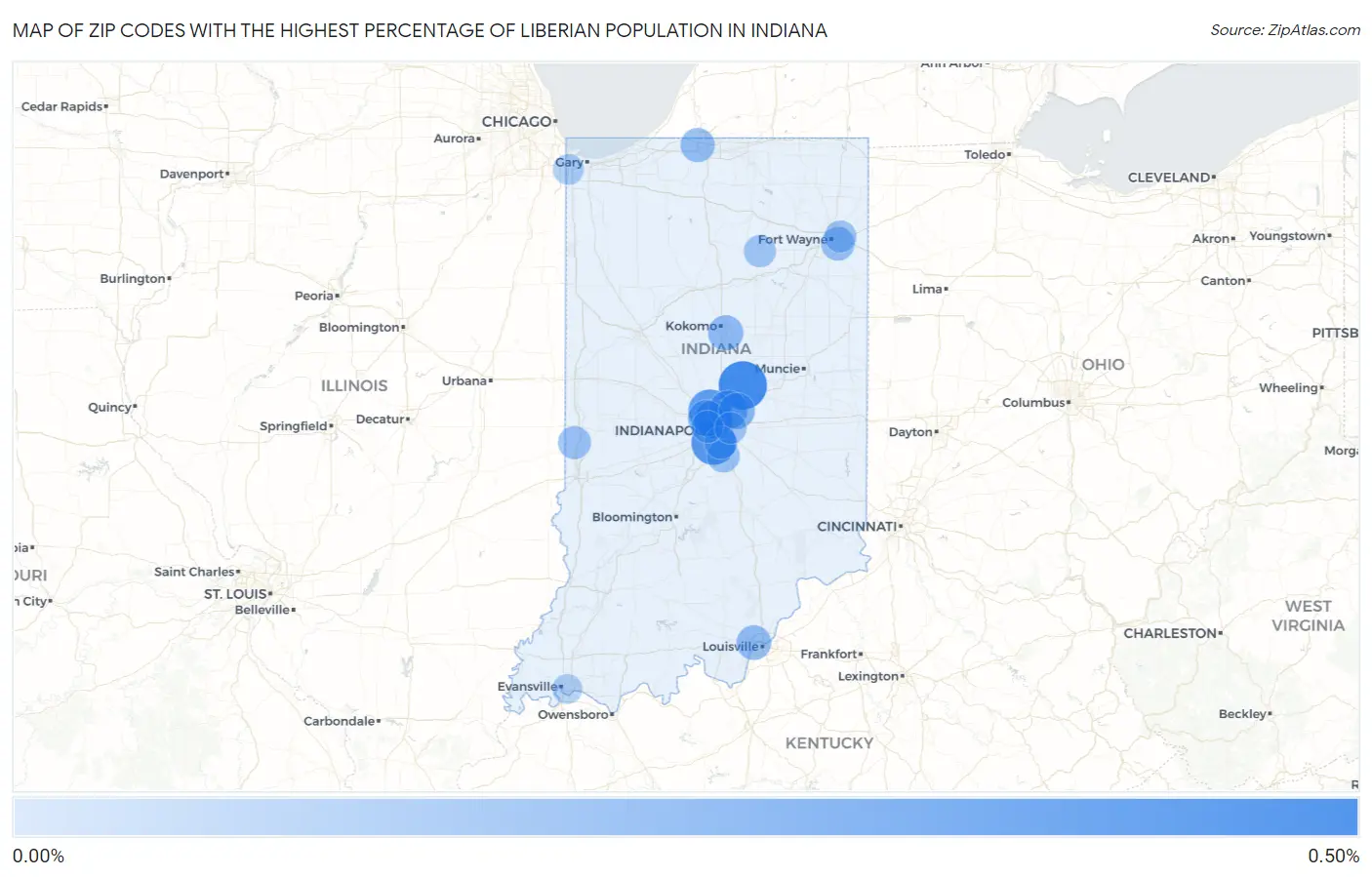 Zip Codes with the Highest Percentage of Liberian Population in Indiana Map