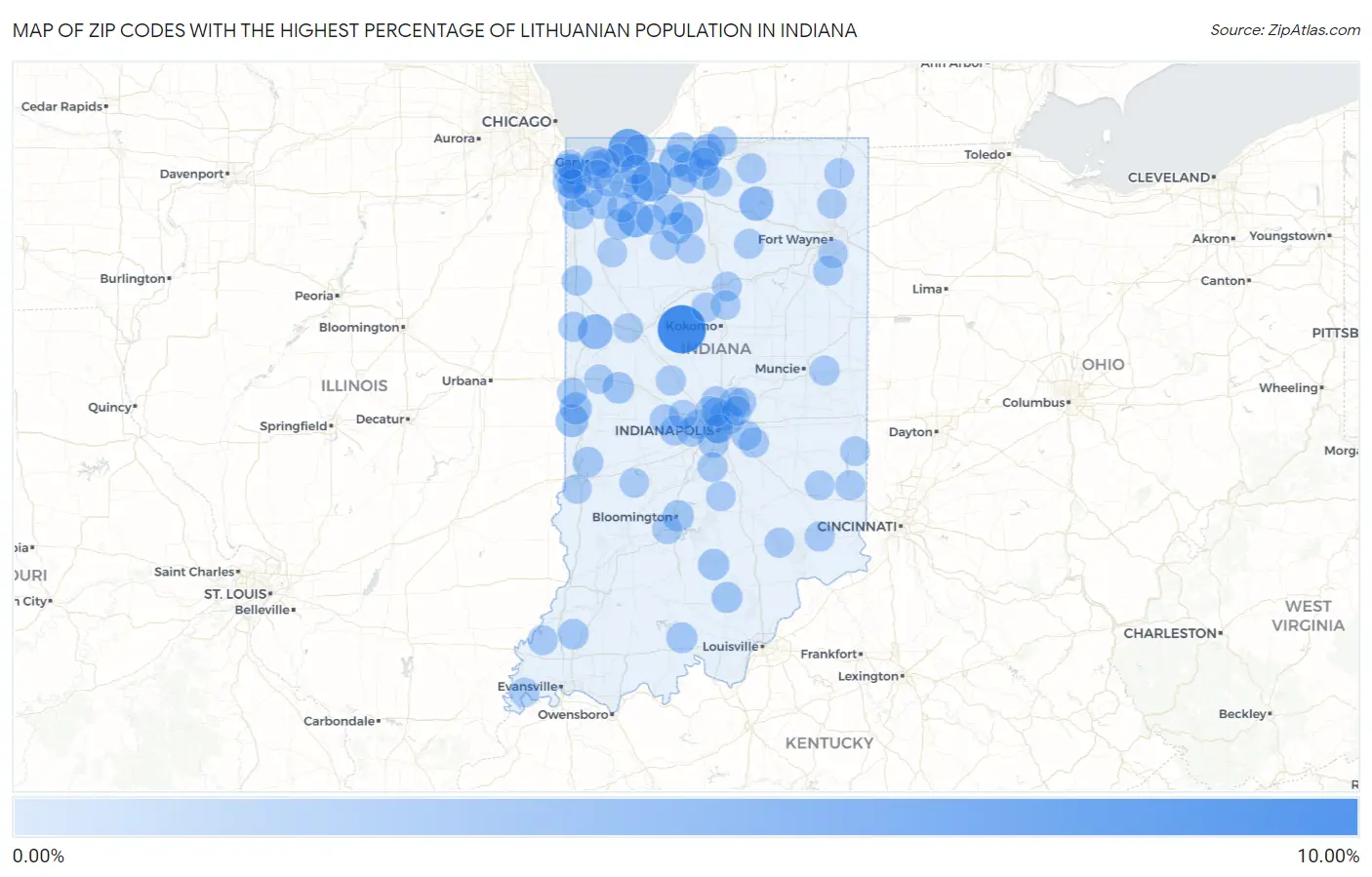 Zip Codes with the Highest Percentage of Lithuanian Population in Indiana Map