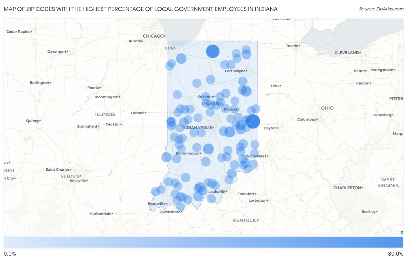 Zip Codes with the Highest Percentage of Local Government Employees in Indiana Map