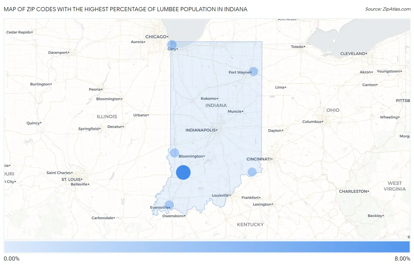 Zip Codes with the Highest Percentage of Lumbee Population in Indiana Map