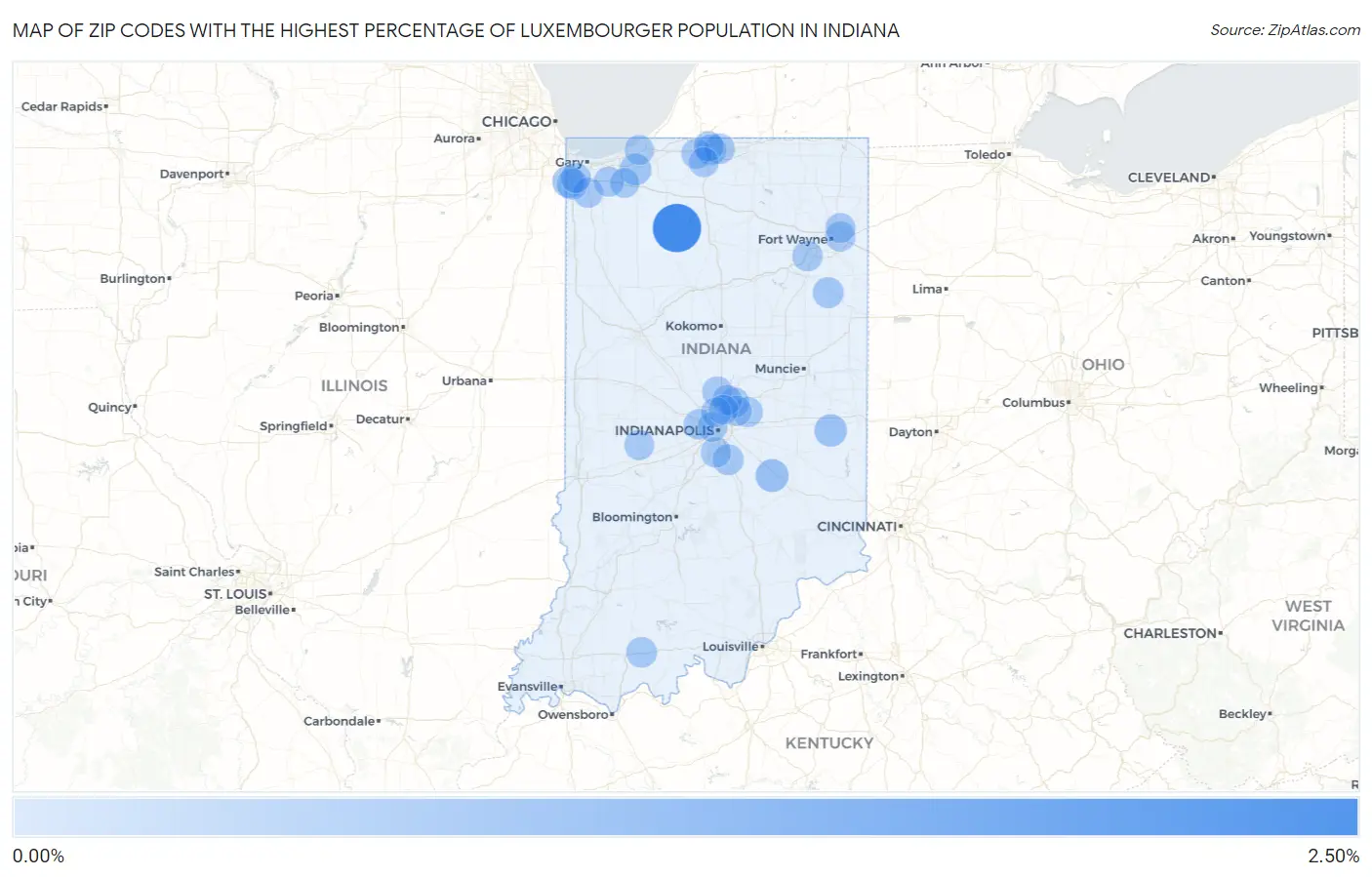 Zip Codes with the Highest Percentage of Luxembourger Population in Indiana Map