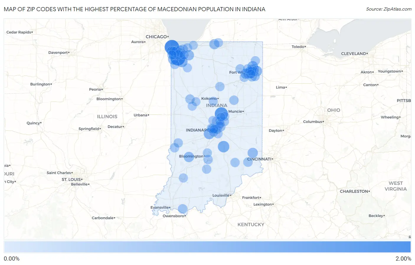 Zip Codes with the Highest Percentage of Macedonian Population in Indiana Map
