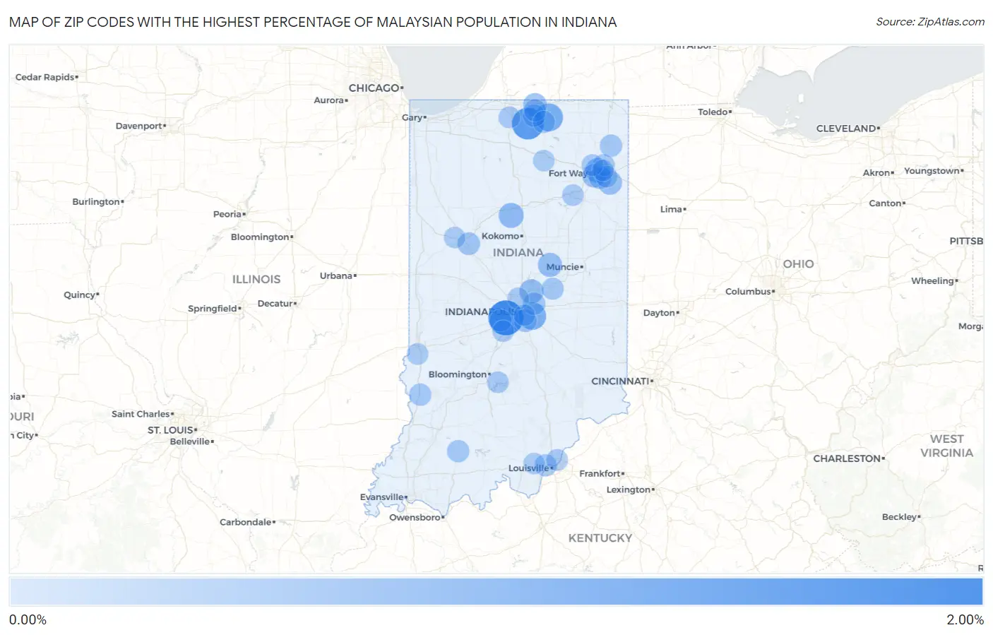 Zip Codes with the Highest Percentage of Malaysian Population in Indiana Map