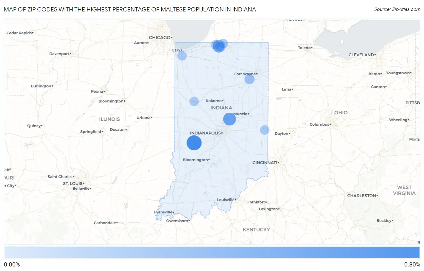 Zip Codes with the Highest Percentage of Maltese Population in Indiana Map