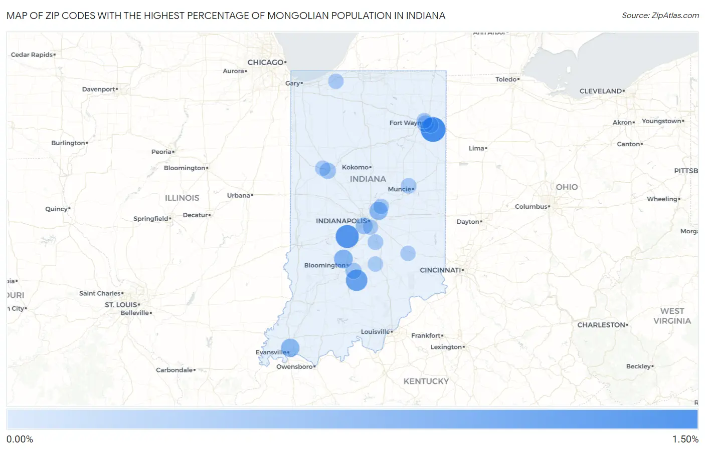 Zip Codes with the Highest Percentage of Mongolian Population in Indiana Map