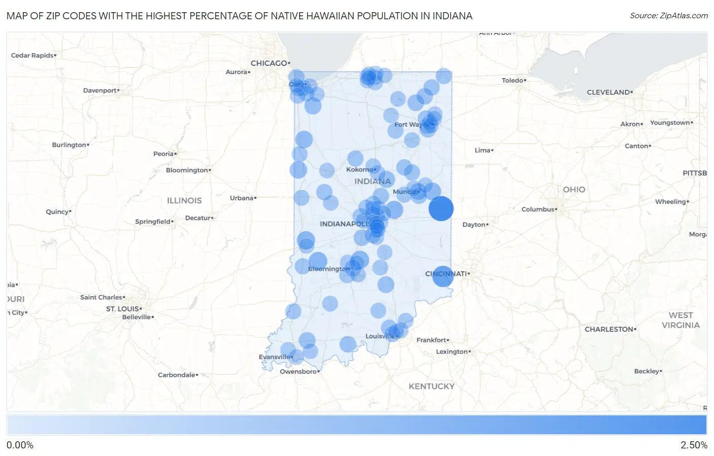 Zip Codes with the Highest Percentage of Native Hawaiian Population in Indiana Map