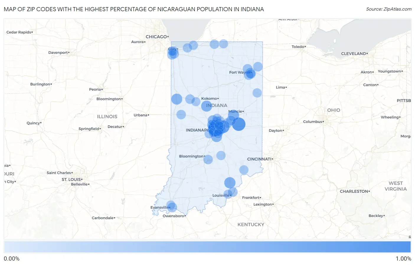Zip Codes with the Highest Percentage of Nicaraguan Population in Indiana Map