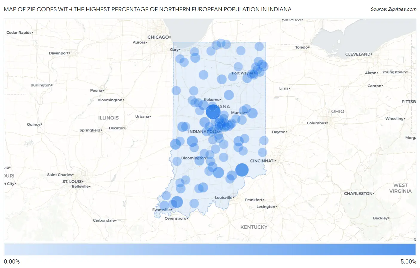 Zip Codes with the Highest Percentage of Northern European Population in Indiana Map