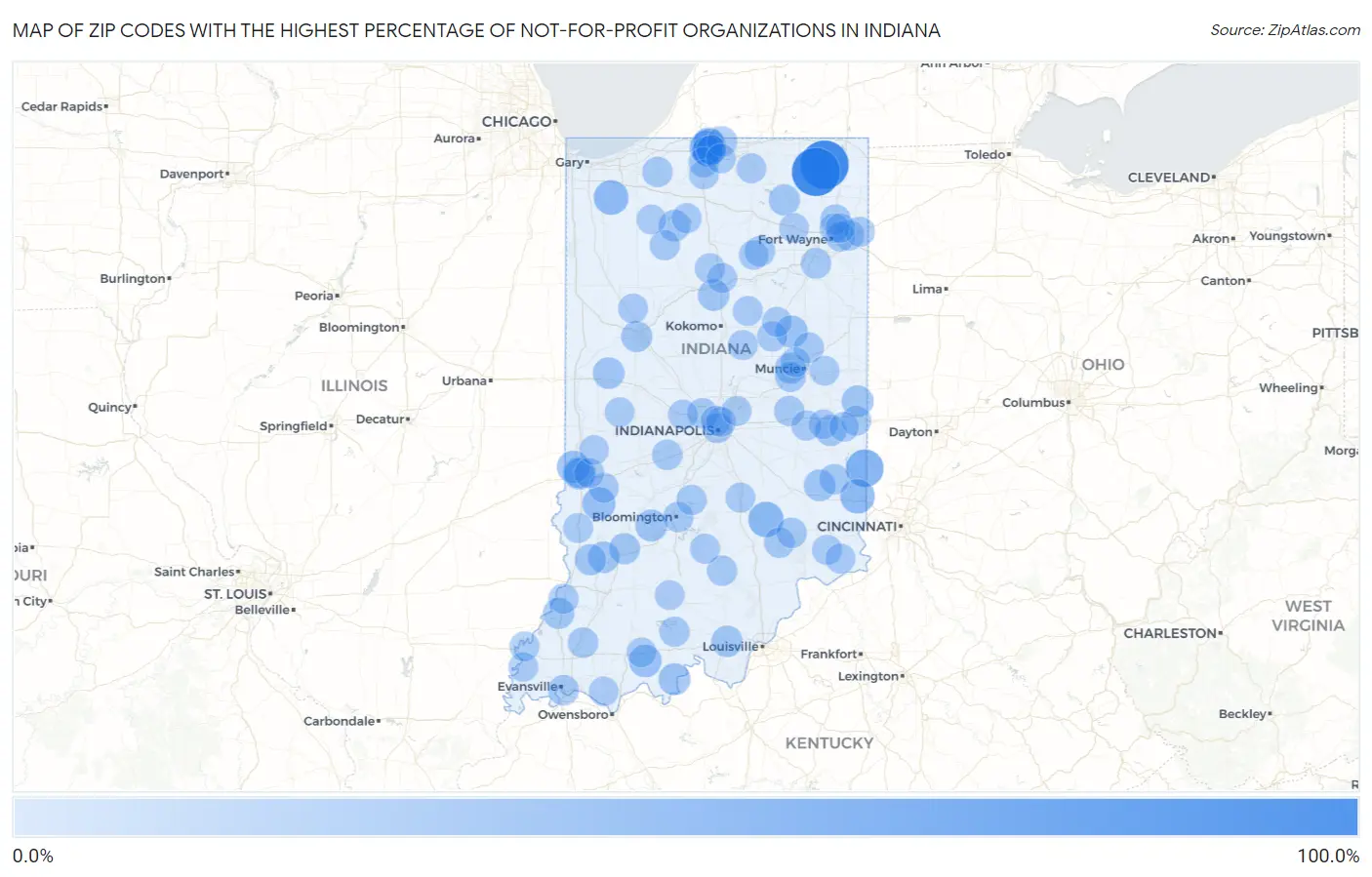Zip Codes with the Highest Percentage of Not-for-profit Organizations in Indiana Map
