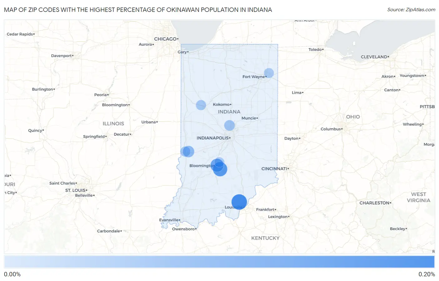 Zip Codes with the Highest Percentage of Okinawan Population in Indiana Map