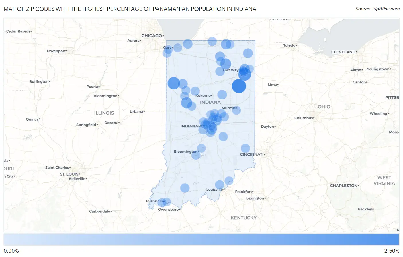 Zip Codes with the Highest Percentage of Panamanian Population in Indiana Map