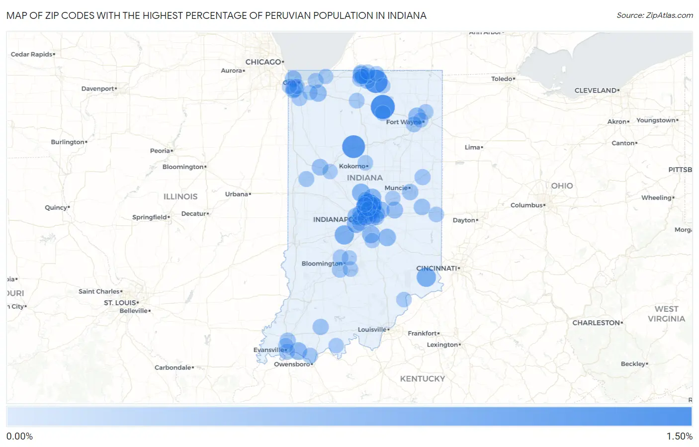 Zip Codes with the Highest Percentage of Peruvian Population in Indiana Map