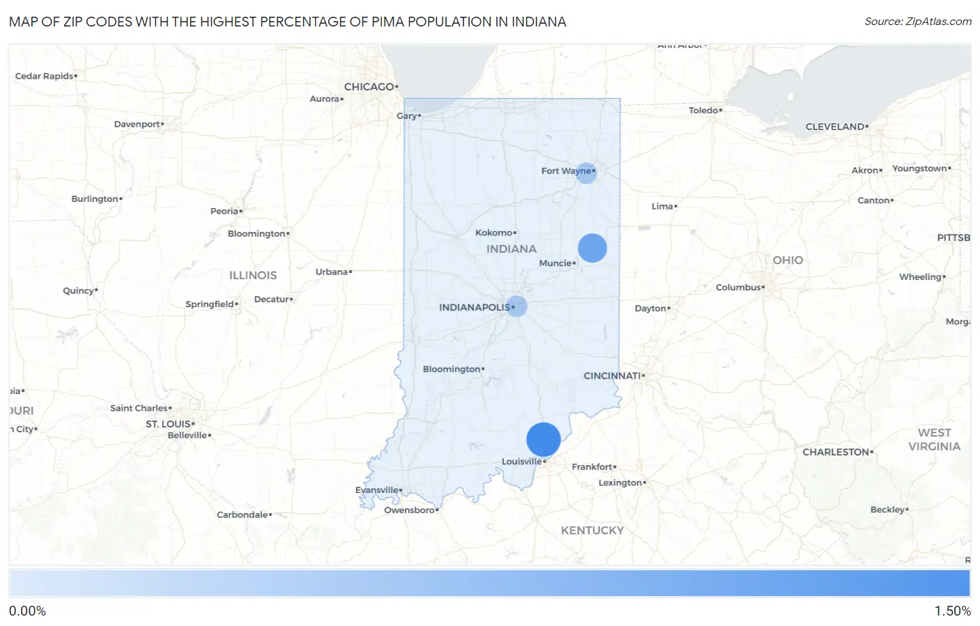 Zip Codes with the Highest Percentage of Pima Population in Indiana Map