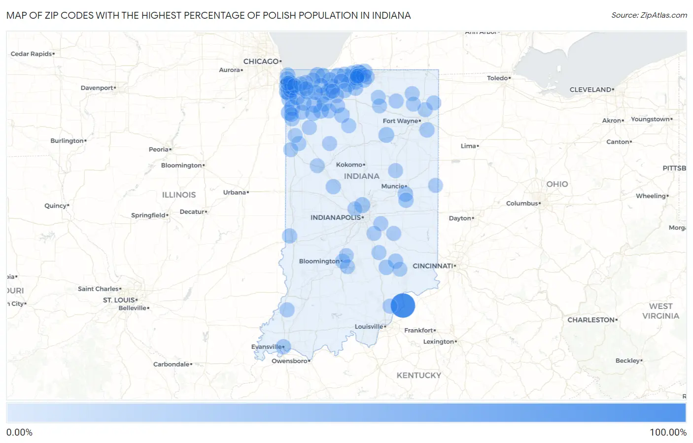 Zip Codes with the Highest Percentage of Polish Population in Indiana Map