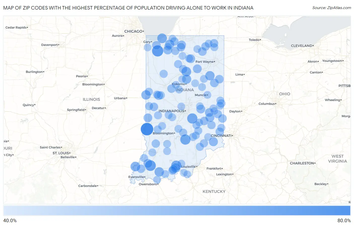 Zip Codes with the Highest Percentage of Population Driving Alone to Work in Indiana Map