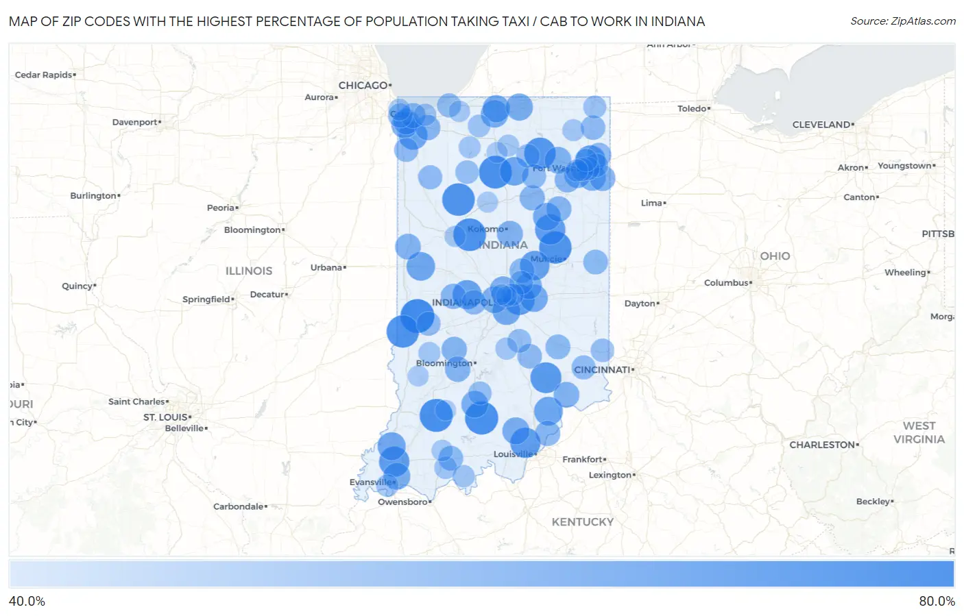 Zip Codes with the Highest Percentage of Population Taking Taxi / Cab to Work in Indiana Map