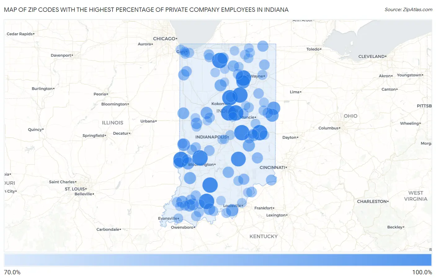Zip Codes with the Highest Percentage of Private Company Employees in Indiana Map