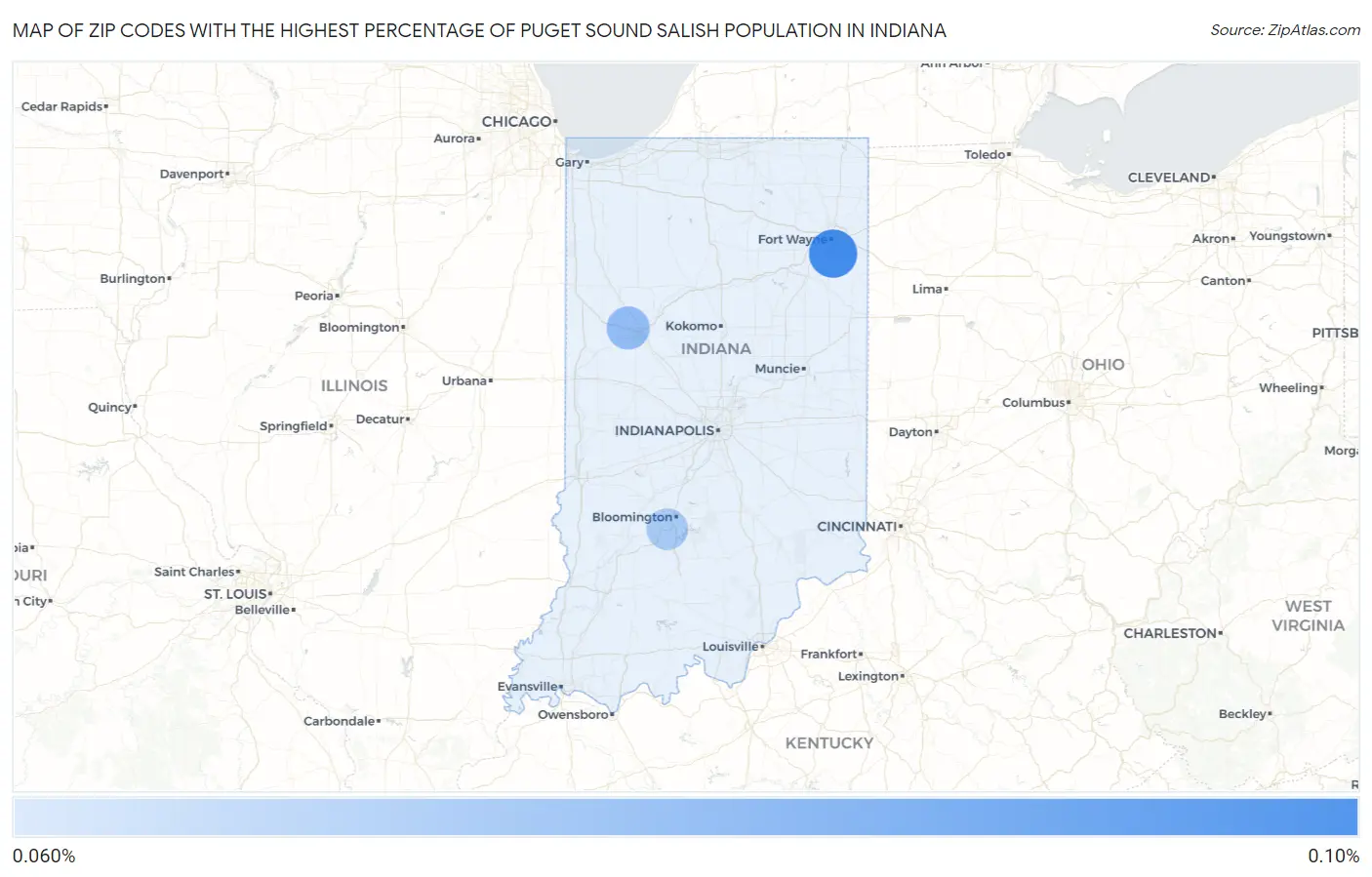 Zip Codes with the Highest Percentage of Puget Sound Salish Population in Indiana Map