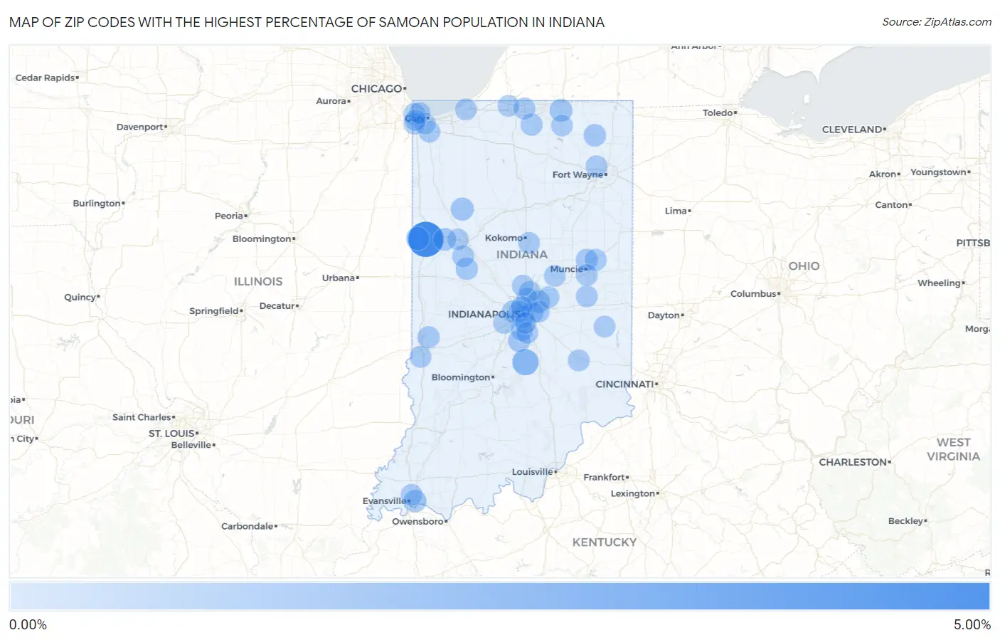 Zip Codes with the Highest Percentage of Samoan Population in Indiana Map