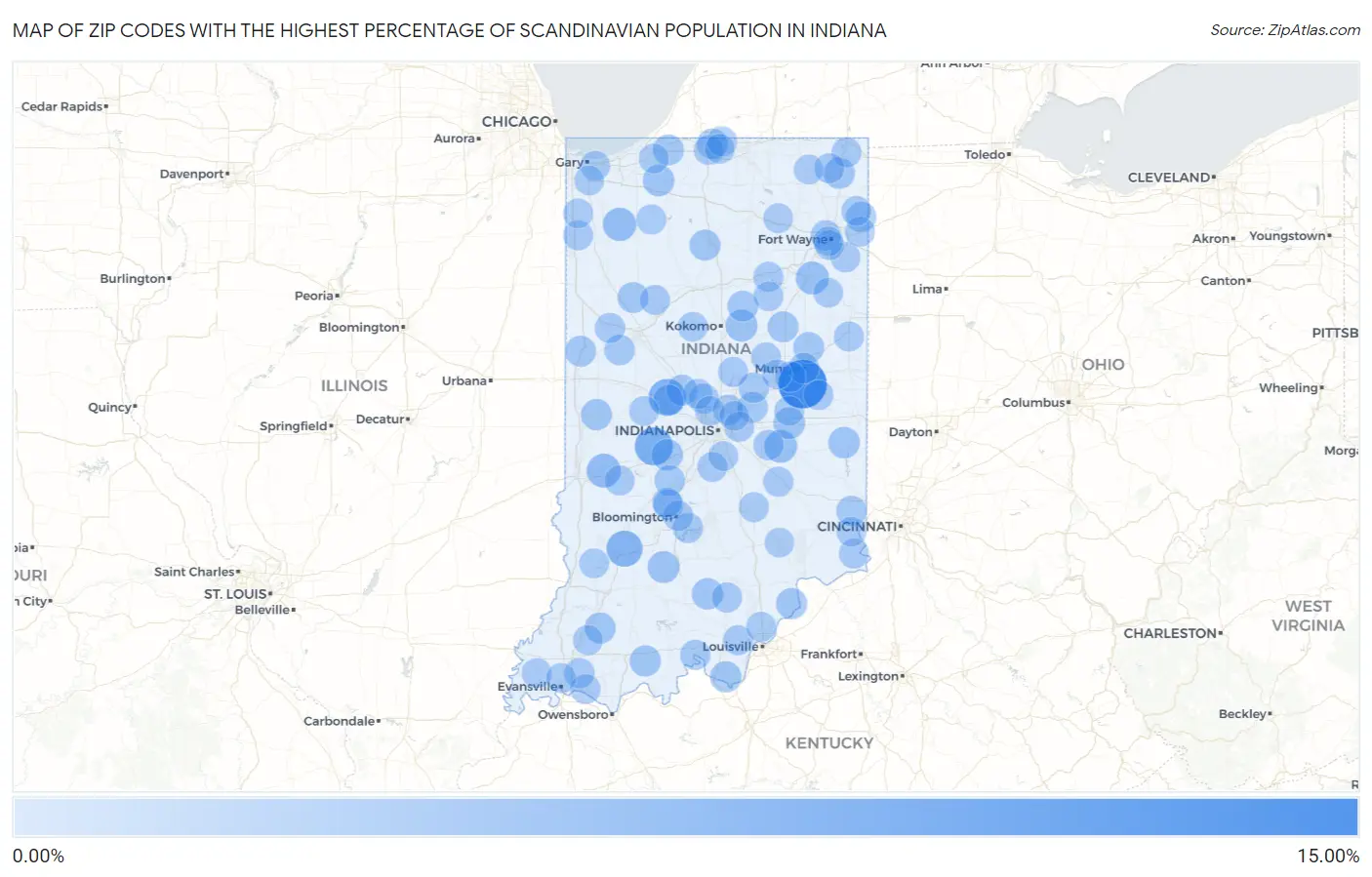 Zip Codes with the Highest Percentage of Scandinavian Population in Indiana Map